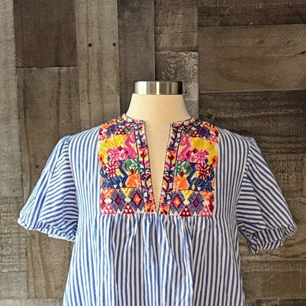 Blue white stripes v-neck fiesta dress large rainbow embroidery festival boho - Picture 2 of 10